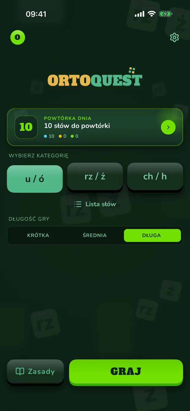 Ekran startowy Ortoquest: wybór kategorii u/ó, rz/ż, ch/h oraz długości gry.