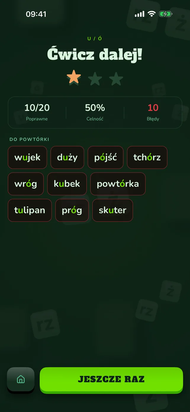 Podsumowanie rundy: celność, liczba błędów i lista słów do powtórki.