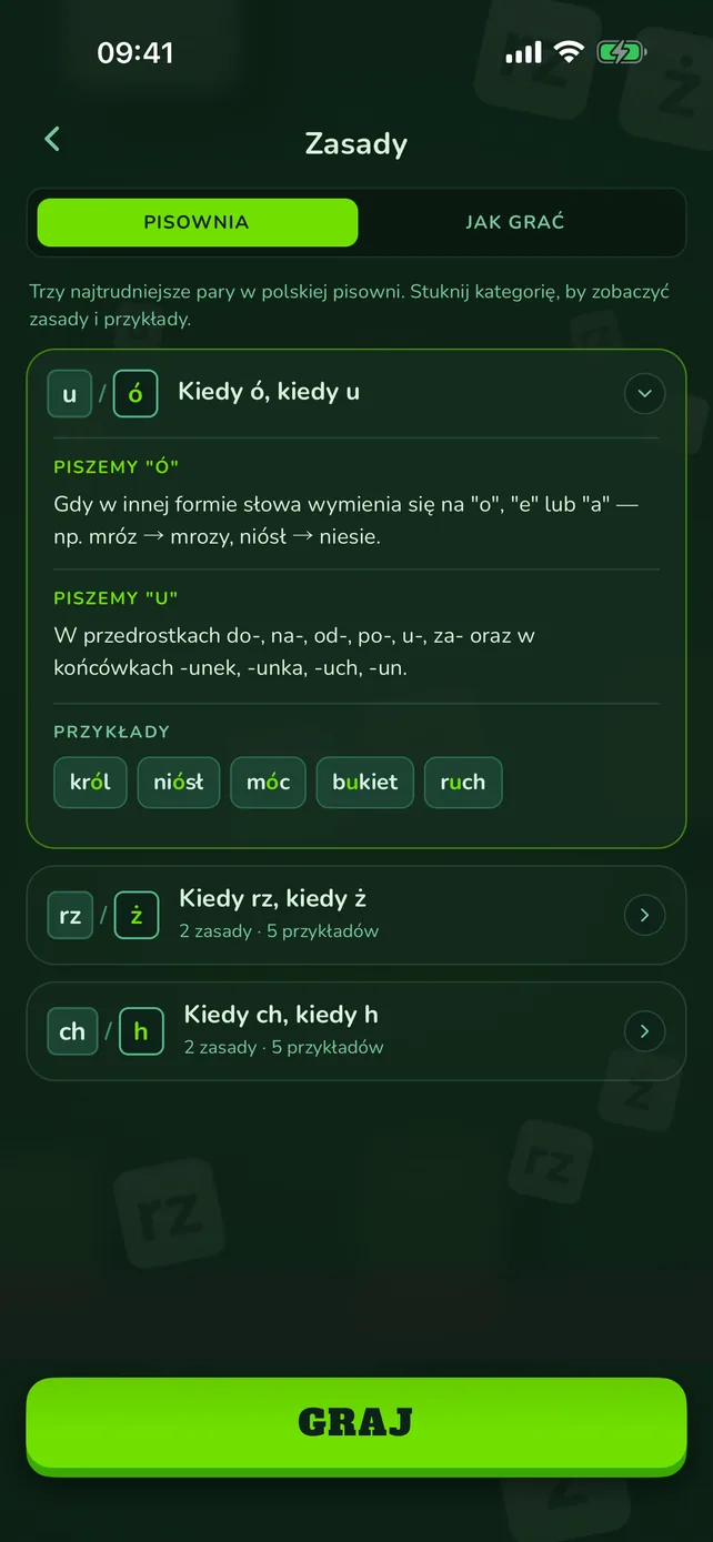 Ekran zasad: kiedy piszemy ó, a kiedy u, wraz z przykładami słów.