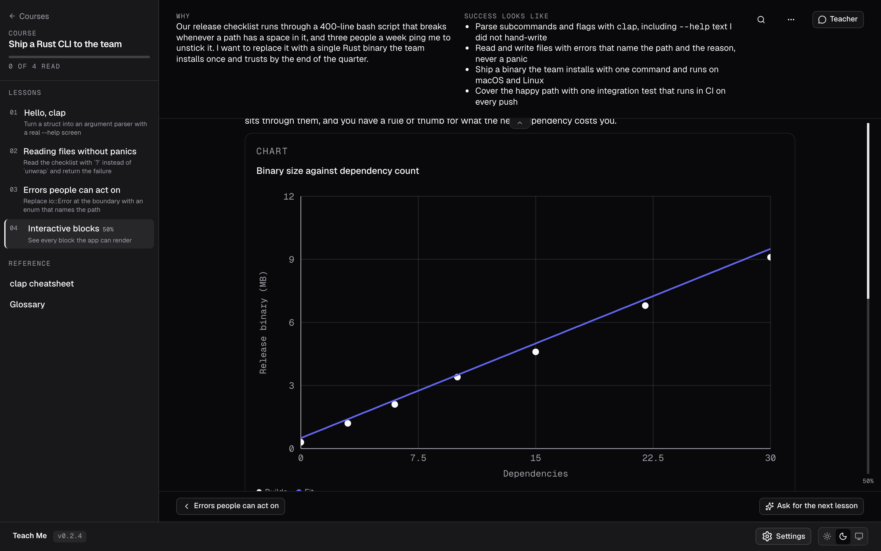 Teach Me lesson rendering an interactive chart block