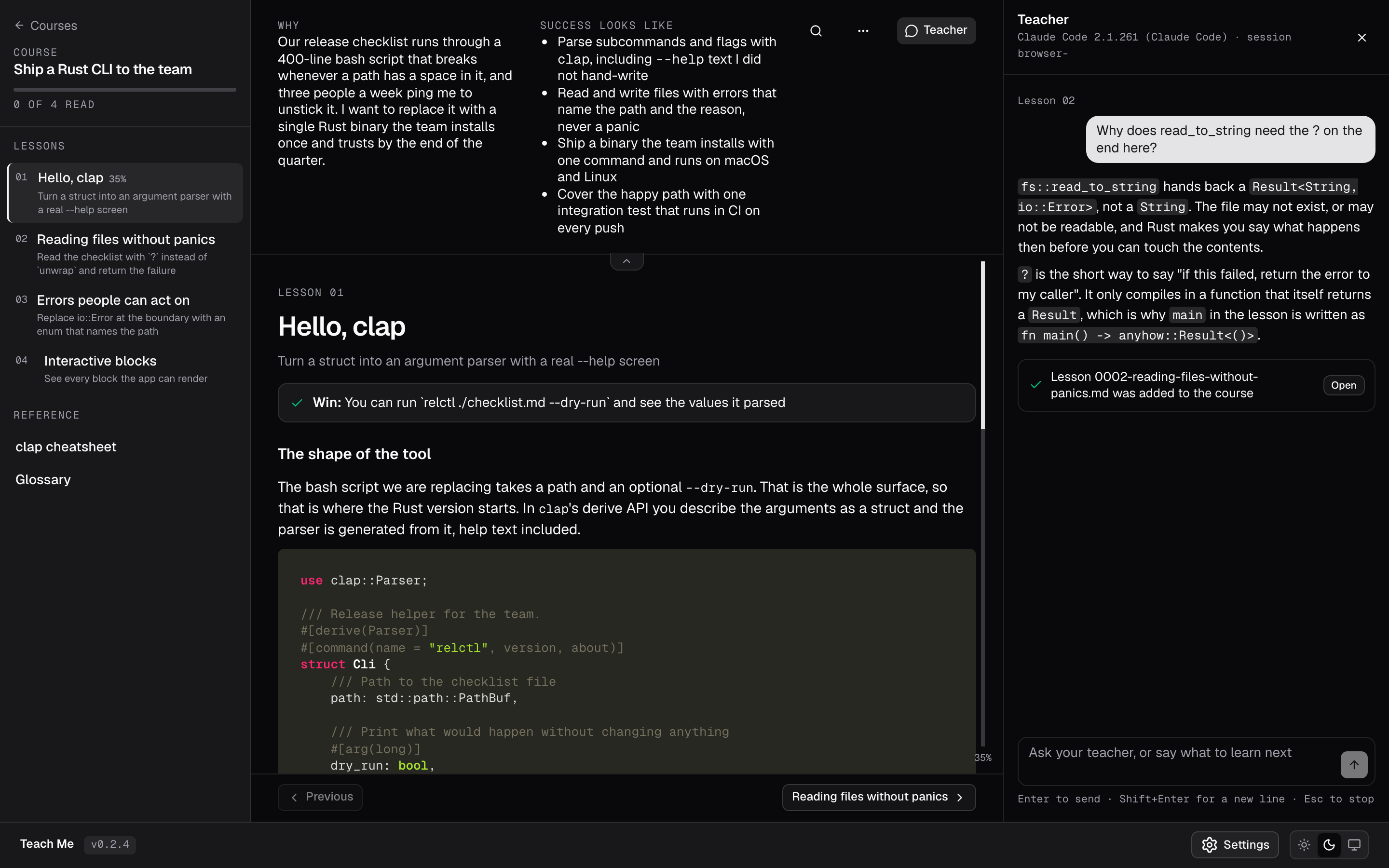 Teach Me course screen: lesson list, reading column and the Teacher panel