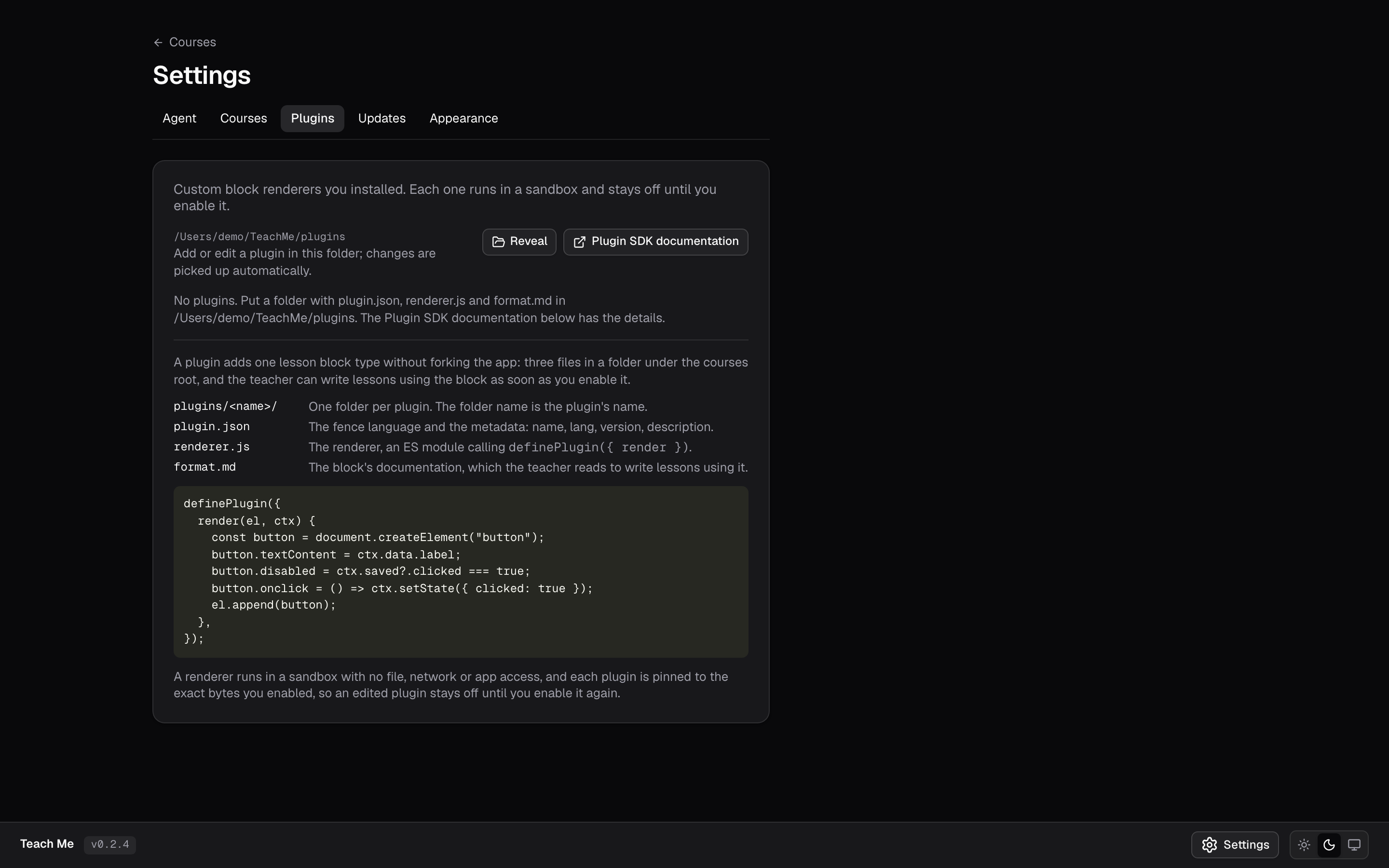 Teach Me settings screen listing installed block renderer plugins