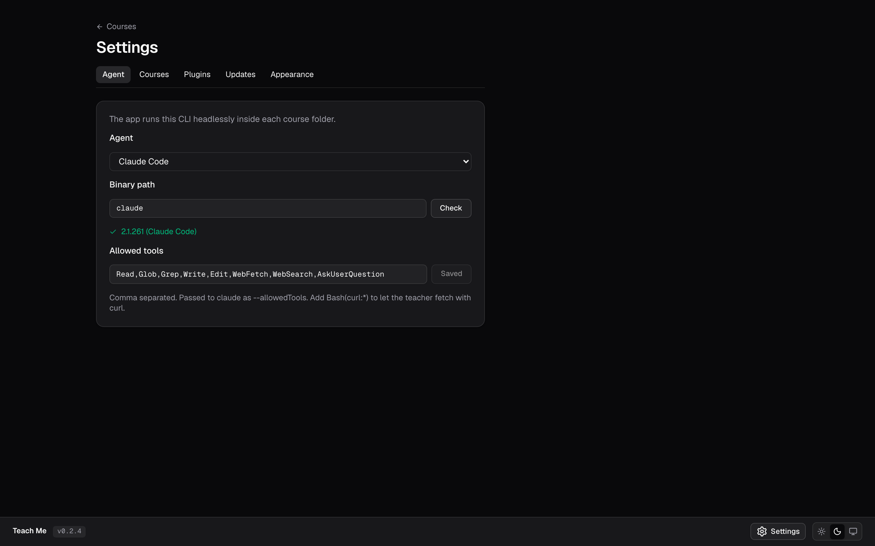 Teach Me settings screen with agent, courses folder and update options